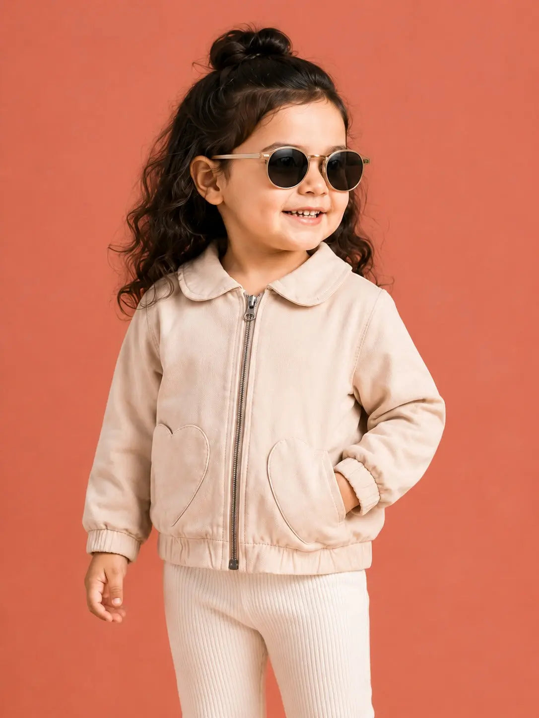BloomUp Beige Heart Pocket Zip-Up Jacket for Girls – Soft Faux Leather Kids Outerwear