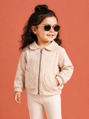 BloomUp Beige Heart Pocket Zip-Up Jacket for Girls – Soft Faux Leather Kids Outerwear