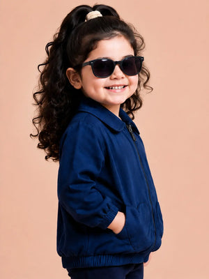 BloomUp Royal Blue Heart Pocket Zip-Up Jacket for Baby Girls – Soft Winter Bomber Jacket Kids Outerwear