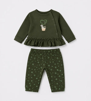 BloomUp Olive Green Ruffle Sweatshirt & Floral Legging Set for Girls – Soft Cotton Kids Co-ord Outfit