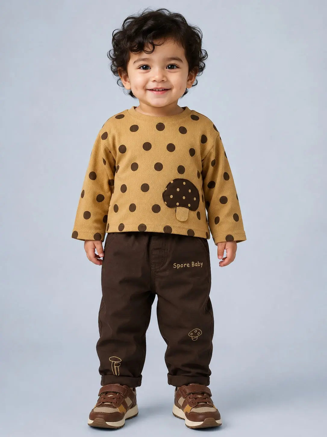 BloomUp Mustard Polka Dot Mushroom Applique Co-ord Set for Baby Boys – Soft Cotton Full Sleeve Top & Brown Pants