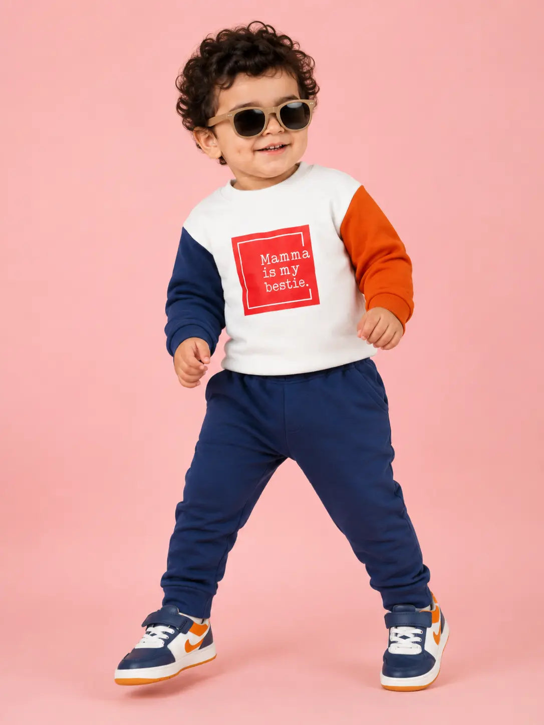 BloomUp Mamma Is My Bestie Colorblock Sweatshirt & Jogger Set for Kids – Soft Fleece Winter Co-ord Outfit