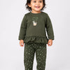 Olive Green Ruffle Sweatshirt & Floral Legging Set for Girls – Soft Cotton Kids Co-ord Outfit
