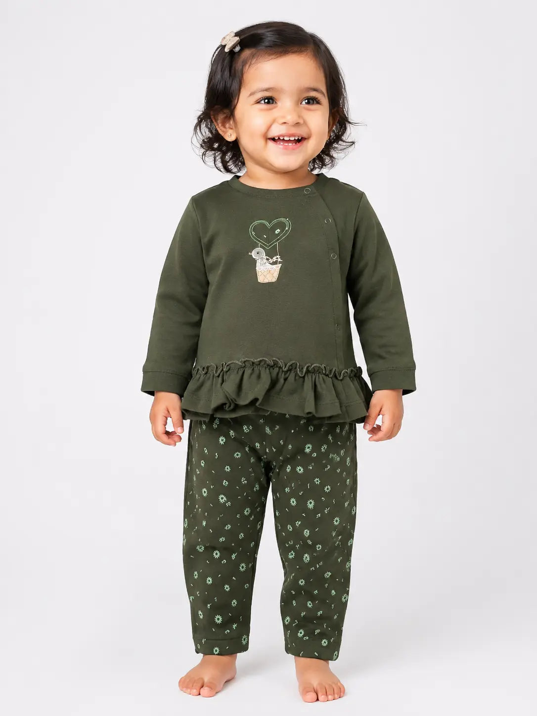 BloomUp Olive Green Ruffle Sweatshirt & Floral Legging Set for Girls – Soft Cotton Kids Co-ord Outfit