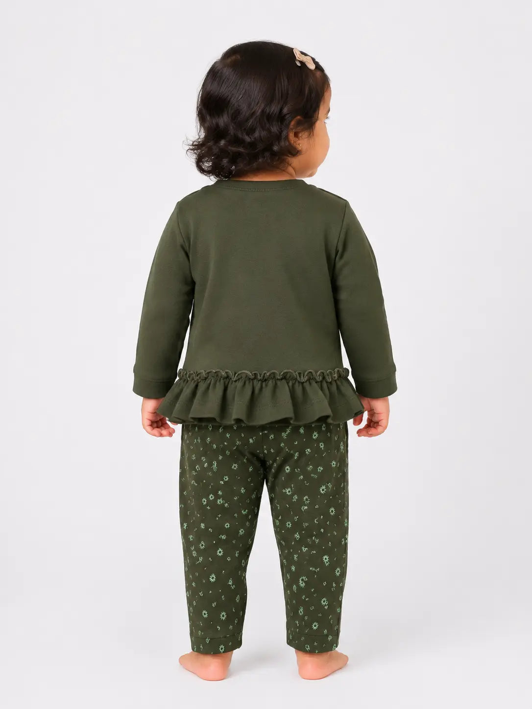 BloomUp Olive Green Ruffle Sweatshirt & Floral Legging Set for Girls – Soft Cotton Kids Co-ord Outfit
