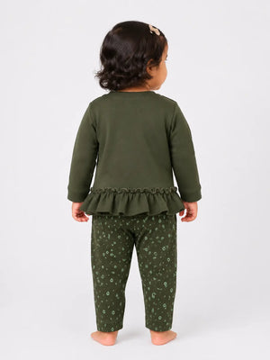 BloomUp Olive Green Ruffle Sweatshirt & Floral Legging Set for Girls – Soft Cotton Kids Co-ord Outfit