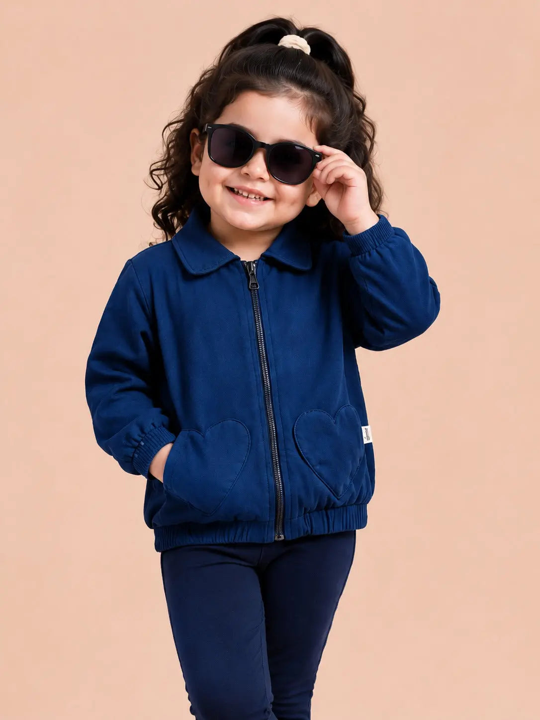 BloomUp Royal Blue Heart Pocket Zip-Up Jacket for Baby Girls – Soft Winter Bomber Jacket Kids Outerwear