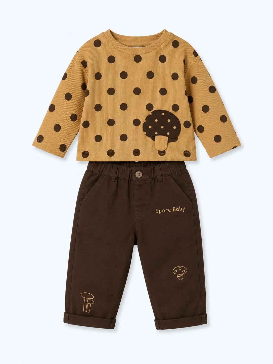 BloomUp Mustard Polka Dot Mushroom Applique Co-ord Set for Baby Boys – Soft Cotton Full Sleeve Top & Brown Pants