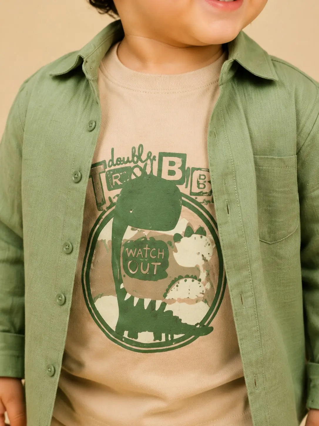 BloomUp Sage Green Layered Dinosaur 3-Piece Outfit for Baby Boys – Soft Shirt, Graphic T-Shirt & Beige Pants Kids Set