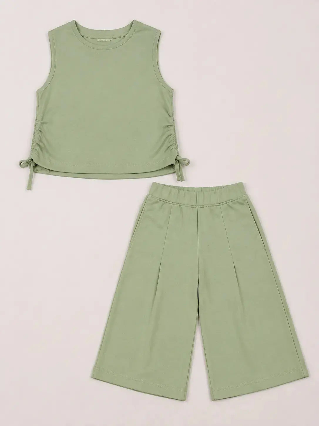 BloomUp Sage Green Sleeveless Kids Top & Wide-Leg Pants Set – Comfortable Summer Outfit for Toddlers