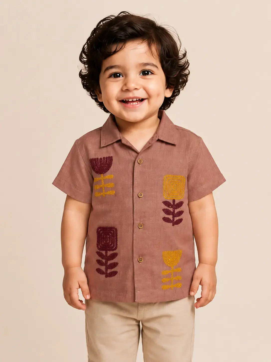 BloomUp Maroon Embroidered Short Sleeve Shirt for Toddlers – Premium Cotton Summer Wear for Boys