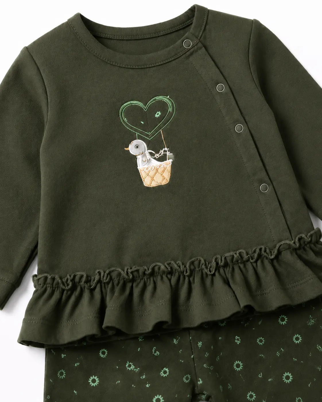 BloomUp Olive Green Ruffle Sweatshirt & Floral Legging Set for Girls – Soft Cotton Kids Co-ord Outfit