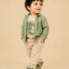Sage Green Layered Dinosaur 3-Piece Outfit for Baby Boys – Soft Shirt, Graphic T-Shirt & Beige Pants Kids Set