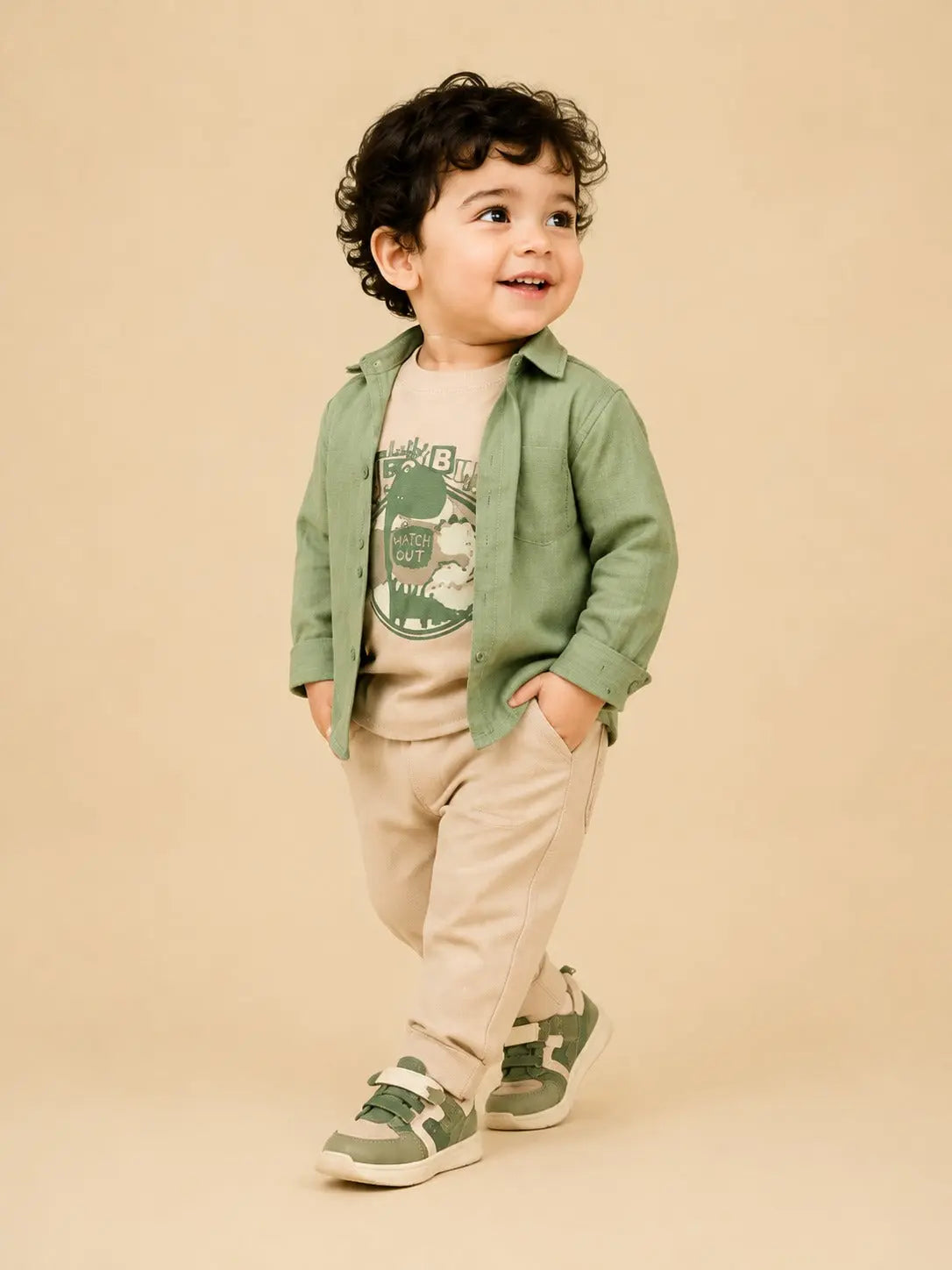 BloomUp Sage Green Layered Dinosaur 3-Piece Outfit for Baby Boys – Soft Shirt, Graphic T-Shirt & Beige Pants Kids Set