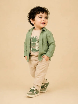 BloomUp Sage Green Layered Dinosaur 3-Piece Outfit for Baby Boys – Soft Shirt, Graphic T-Shirt & Beige Pants Kids Set