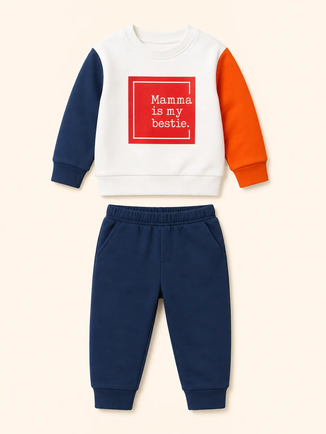BloomUp Mamma Is My Bestie Colorblock Sweatshirt & Jogger Set for Kids – Soft Fleece Winter Co-ord Outfit