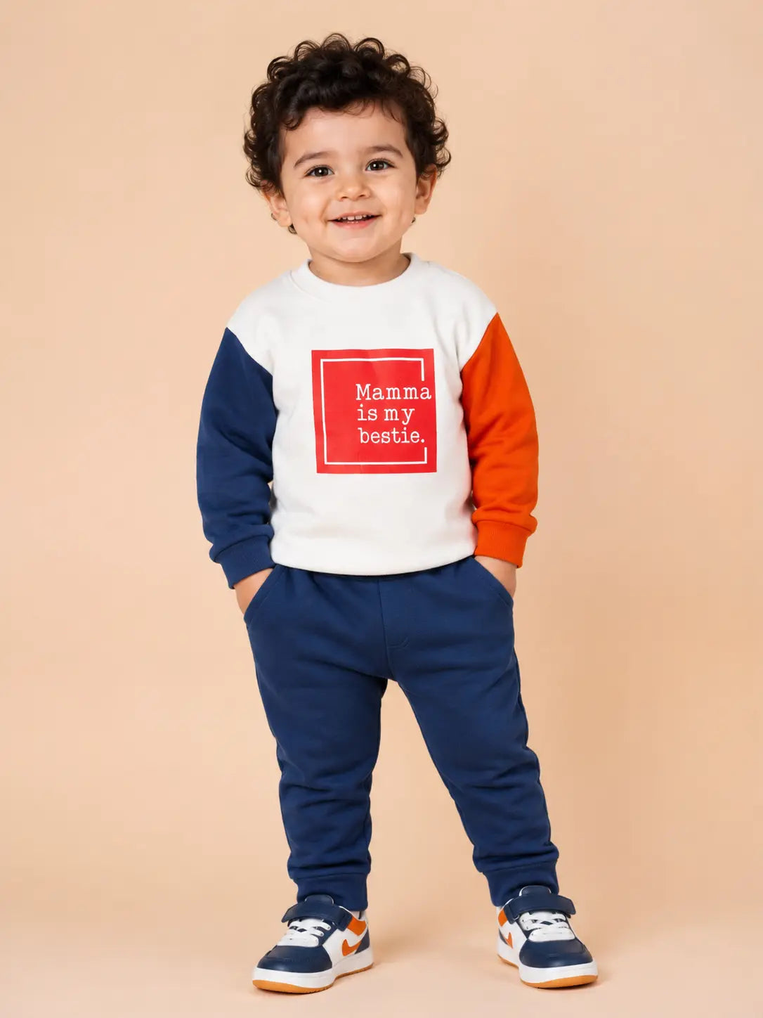 BloomUp Mamma Is My Bestie Colorblock Sweatshirt & Jogger Set for Kids – Soft Fleece Winter Co-ord Outfit
