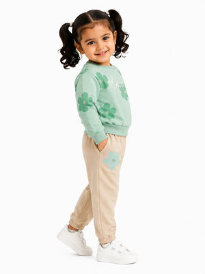 BloomUp Mint Green Happy Floral Sweatshirt & Beige Jogger Set for Girls – Soft Fleece Kids Co-ord Winter Outfit