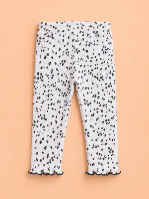 BloomUp White Black Spot Print Ribbed Leggings for Girls – Soft Stretch Cotton Daily Wear Kids Pants