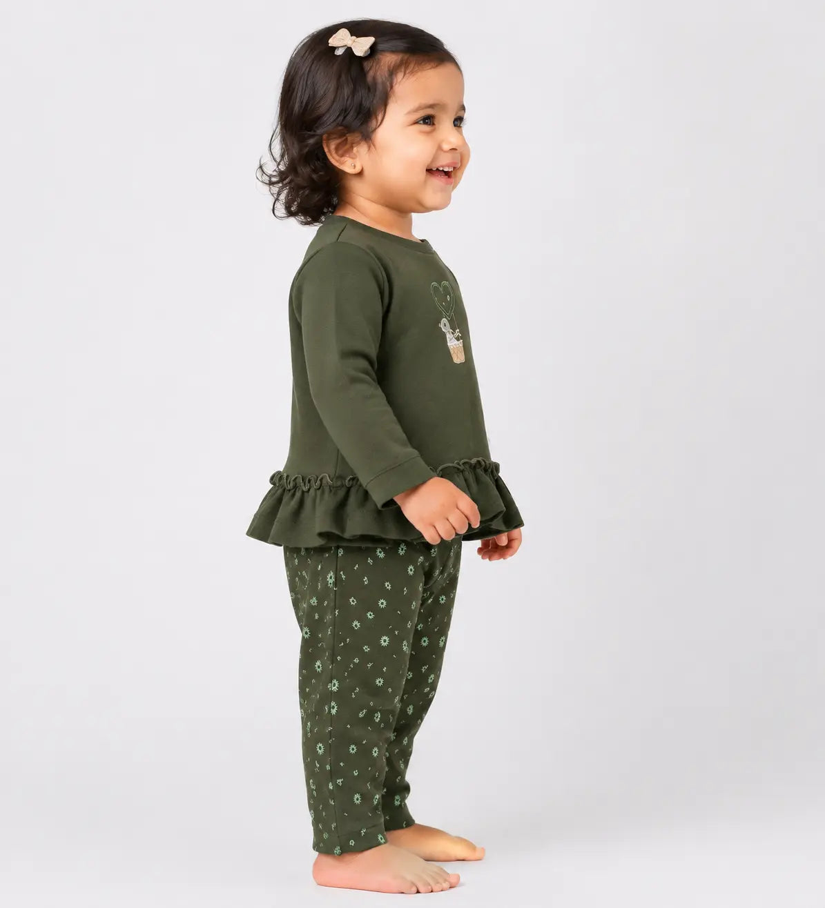 BloomUp Olive Green Ruffle Sweatshirt & Floral Legging Set for Girls – Soft Cotton Kids Co-ord Outfit