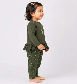 BloomUp Olive Green Ruffle Sweatshirt & Floral Legging Set for Girls – Soft Cotton Kids Co-ord Outfit