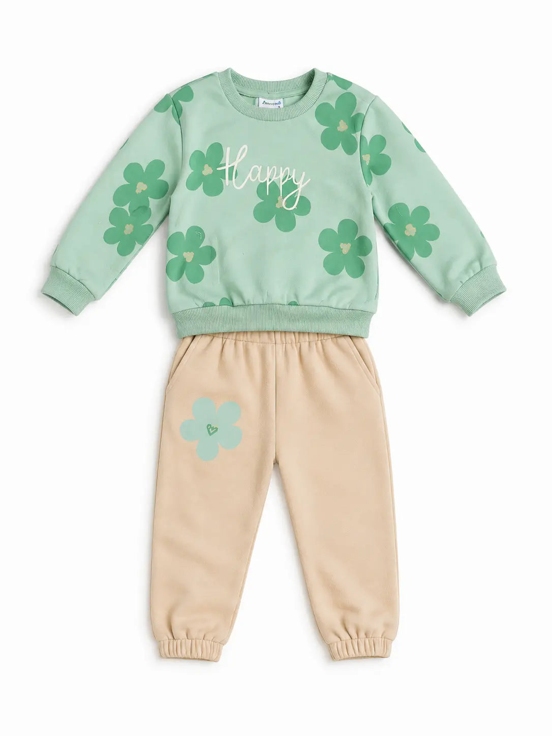 BloomUp Mint Green Happy Floral Sweatshirt & Beige Jogger Set for Girls – Soft Fleece Kids Co-ord Winter Outfit