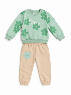 BloomUp Mint Green Happy Floral Sweatshirt & Beige Jogger Set for Girls – Soft Fleece Kids Co-ord Winter Outfit