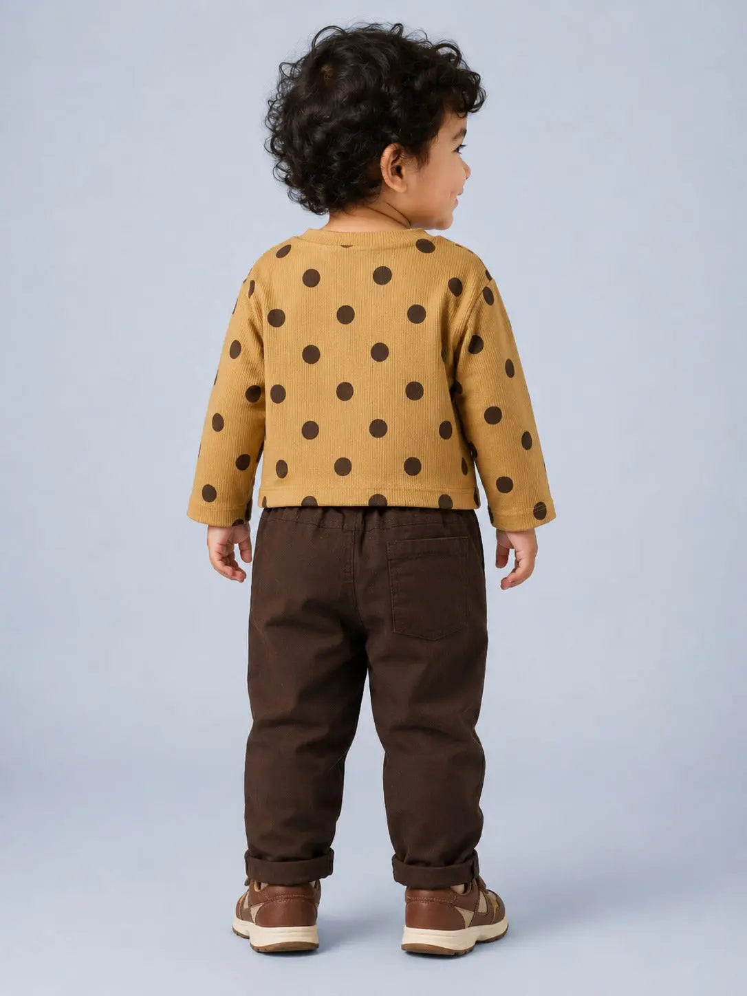 BloomUp Mustard Polka Dot Mushroom Applique Co-ord Set for Baby Boys – Soft Cotton Full Sleeve Top & Brown Pants