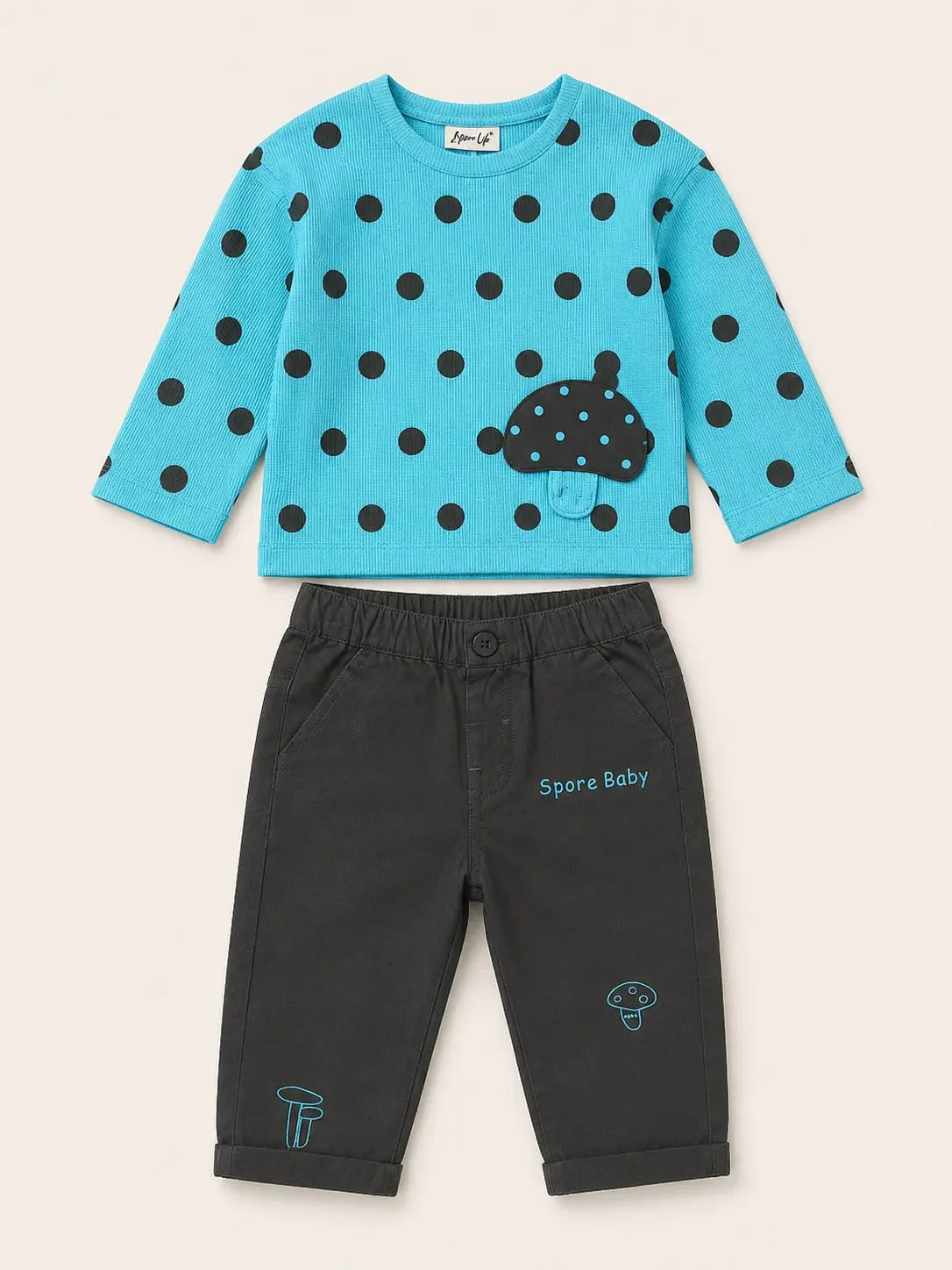BloomUp Turquoise Blue Polka Dot Mushroom Applique Co-ord Set for Baby Boys – Soft Full Sleeve Top & Black Pants Kids Outfit