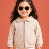 Beige Heart Pocket Zip-Up Jacket for Girls – Soft Faux Leather Kids Outerwear