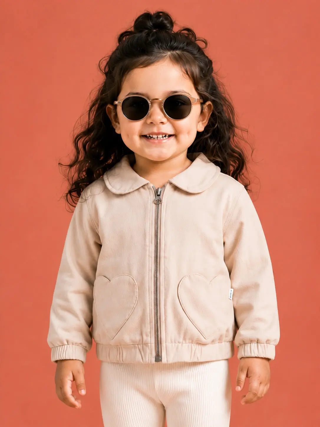 BloomUp Beige Heart Pocket Zip-Up Jacket for Girls – Soft Faux Leather Kids Outerwear