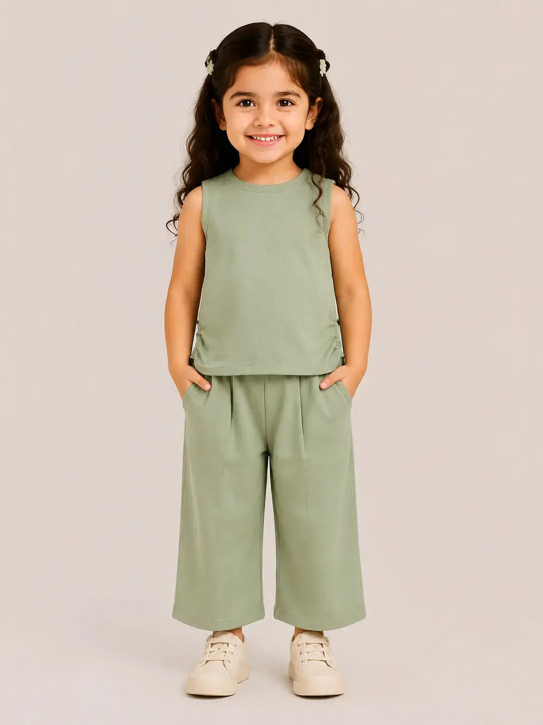 BloomUp Sage Green Sleeveless Kids Top & Wide-Leg Pants Set – Comfortable Summer Outfit for Toddlers