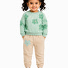 Mint Green Happy Floral Sweatshirt & Beige Jogger Set for Girls – Soft Fleece Kids Co-ord Winter Outfit