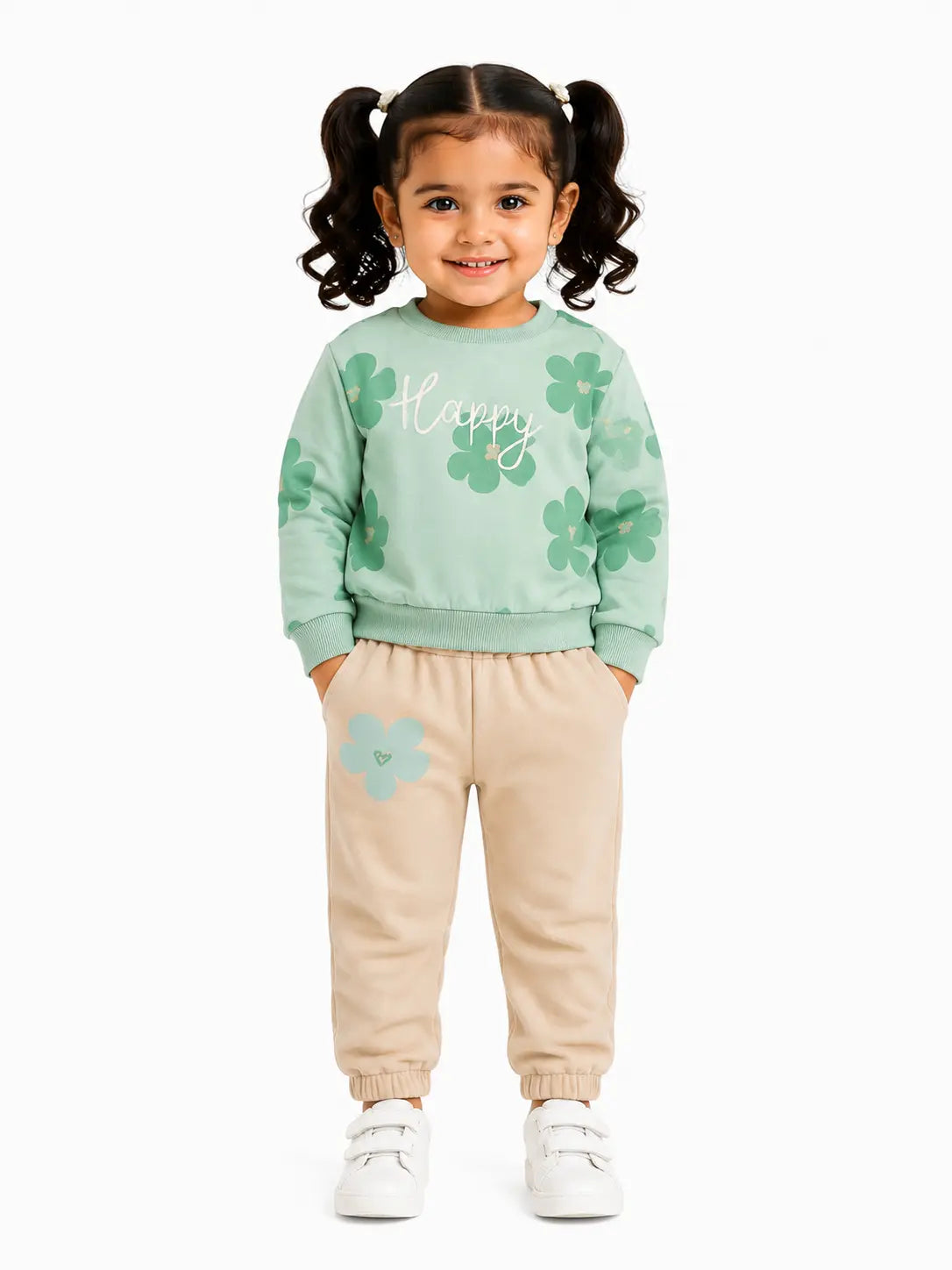 BloomUp Mint Green Happy Floral Sweatshirt & Beige Jogger Set for Girls – Soft Fleece Kids Co-ord Winter Outfit