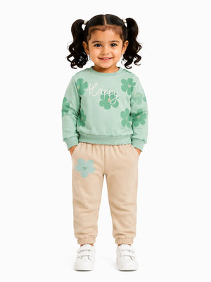 BloomUp Mint Green Happy Floral Sweatshirt & Beige Jogger Set for Girls – Soft Fleece Kids Co-ord Winter Outfit