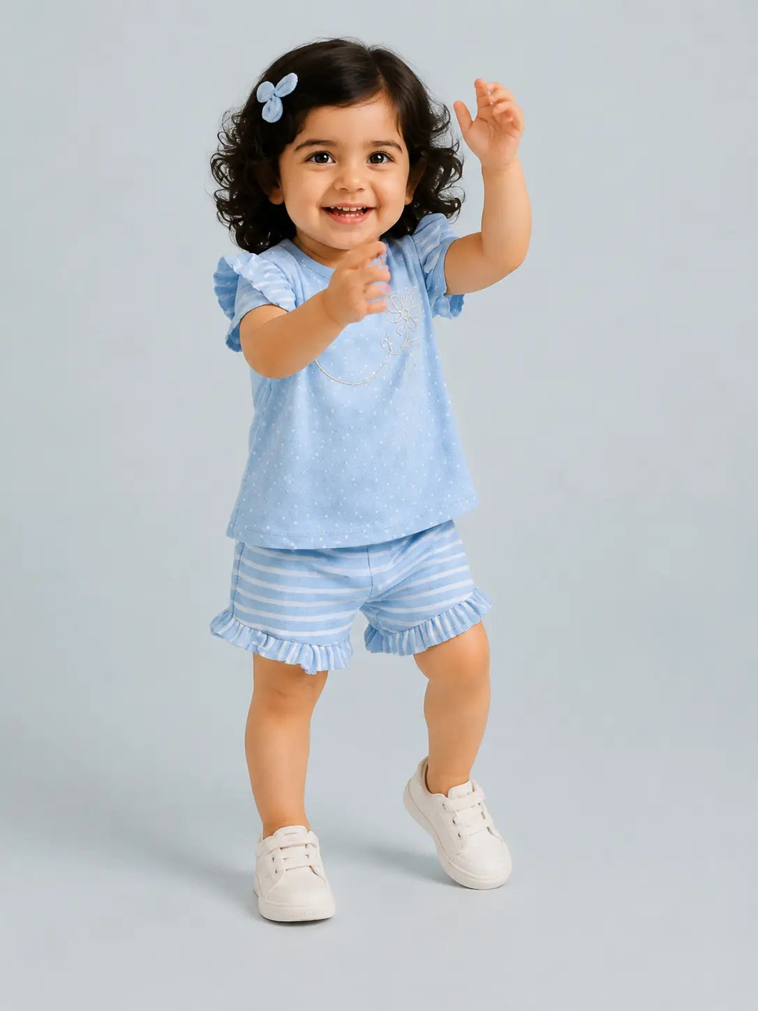 BloomUp Light Blue Frill Sleeve Top & Striped Shorts Set – Comfortable Cotton Summer Outfit for Toddler Girls