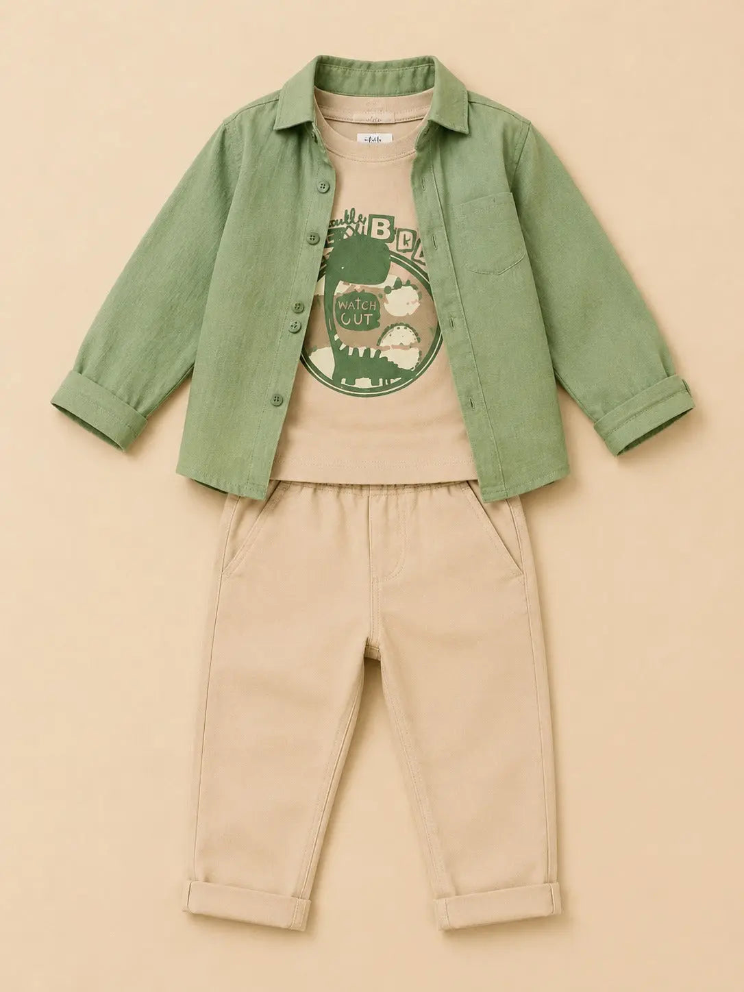 BloomUp Sage Green Layered Dinosaur 3-Piece Outfit for Baby Boys – Soft Shirt, Graphic T-Shirt & Beige Pants Kids Set