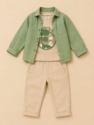 BloomUp Sage Green Layered Dinosaur 3-Piece Outfit for Baby Boys – Soft Shirt, Graphic T-Shirt & Beige Pants Kids Set