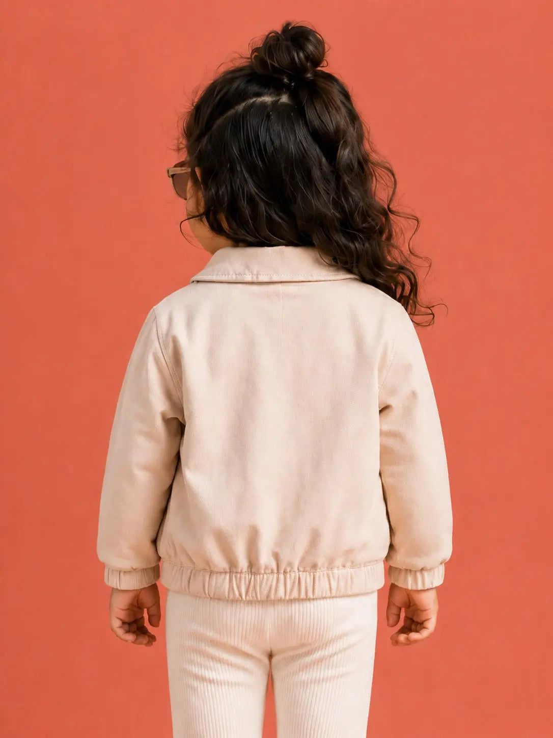 BloomUp Beige Heart Pocket Zip-Up Jacket for Girls – Soft Faux Leather Kids Outerwear