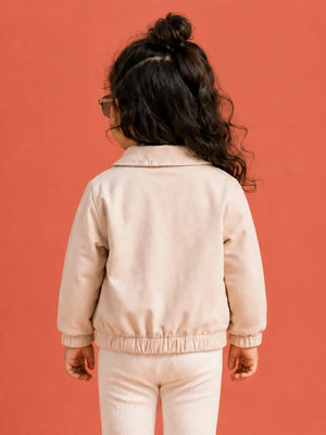 BloomUp Beige Heart Pocket Zip-Up Jacket for Girls – Soft Faux Leather Kids Outerwear