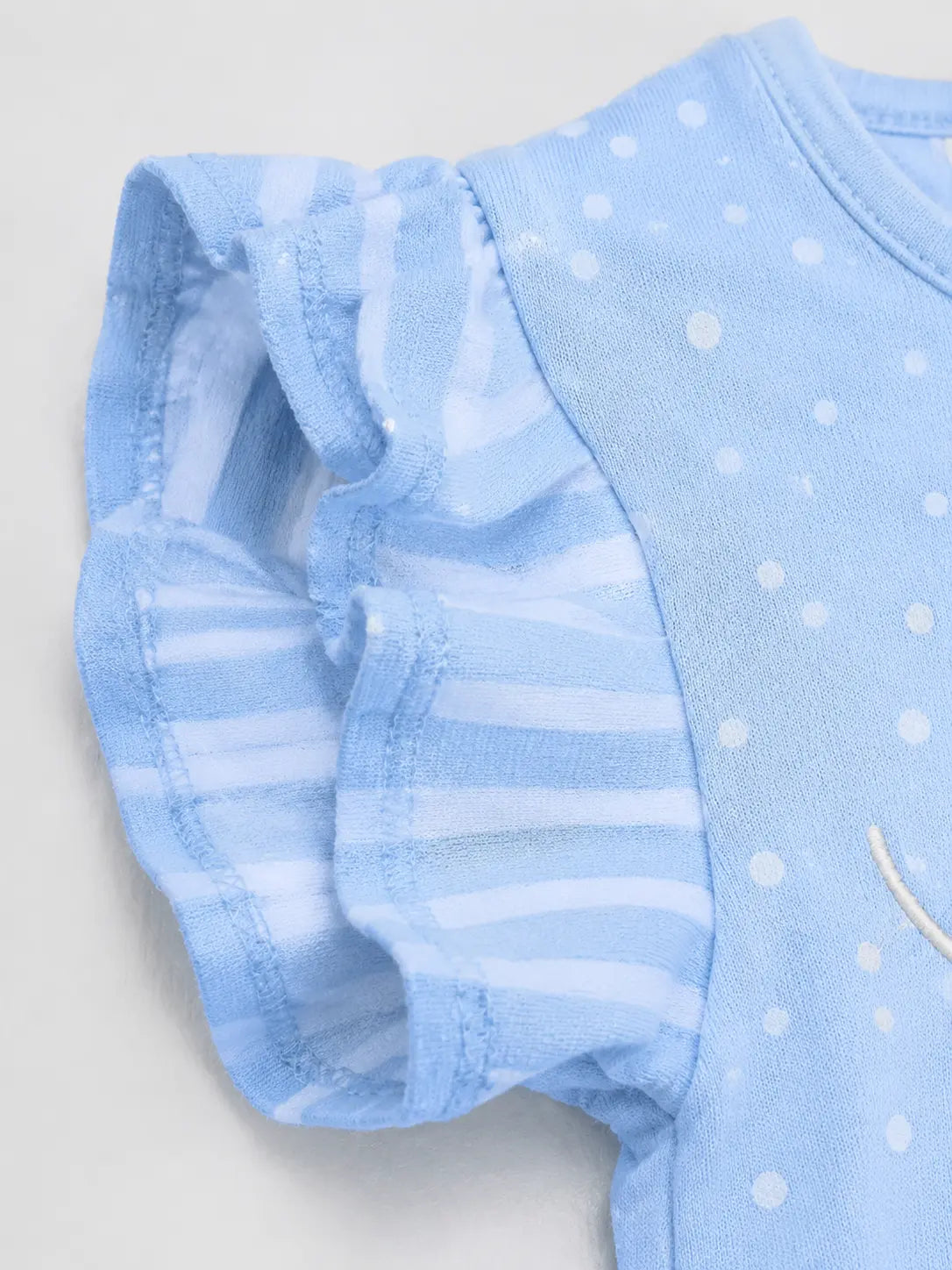 BloomUp Light Blue Frill Sleeve Top & Striped Shorts Set – Comfortable Cotton Summer Outfit for Toddler Girls