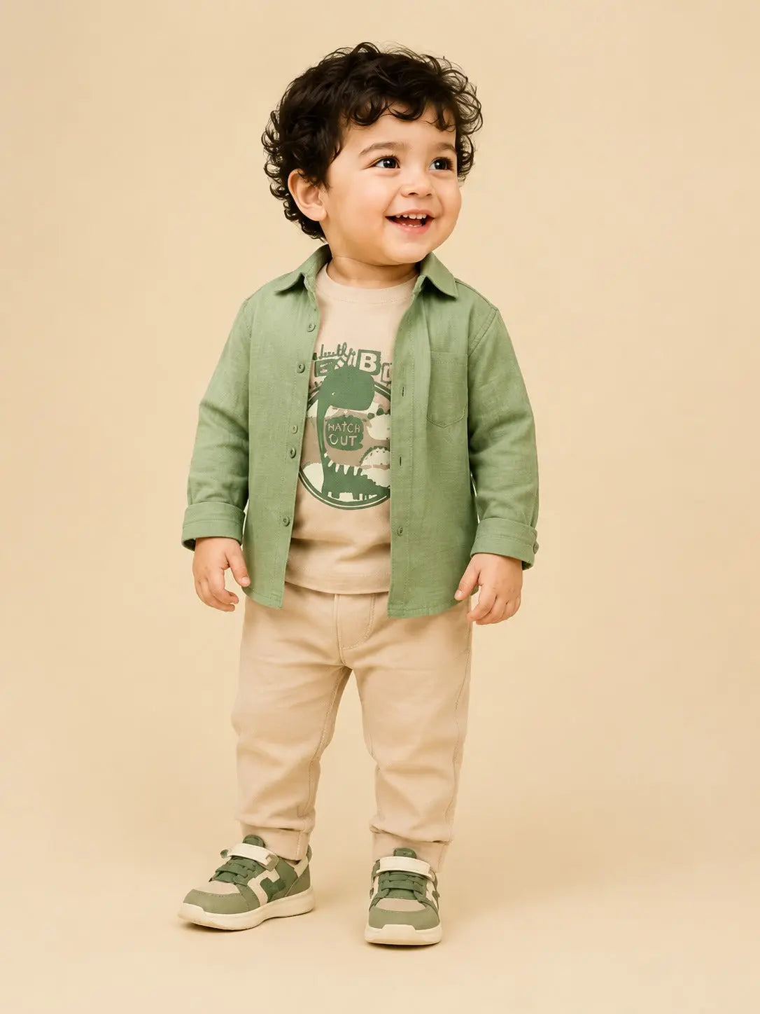 BloomUp Sage Green Layered Dinosaur 3-Piece Outfit for Baby Boys – Soft Shirt, Graphic T-Shirt & Beige Pants Kids Set