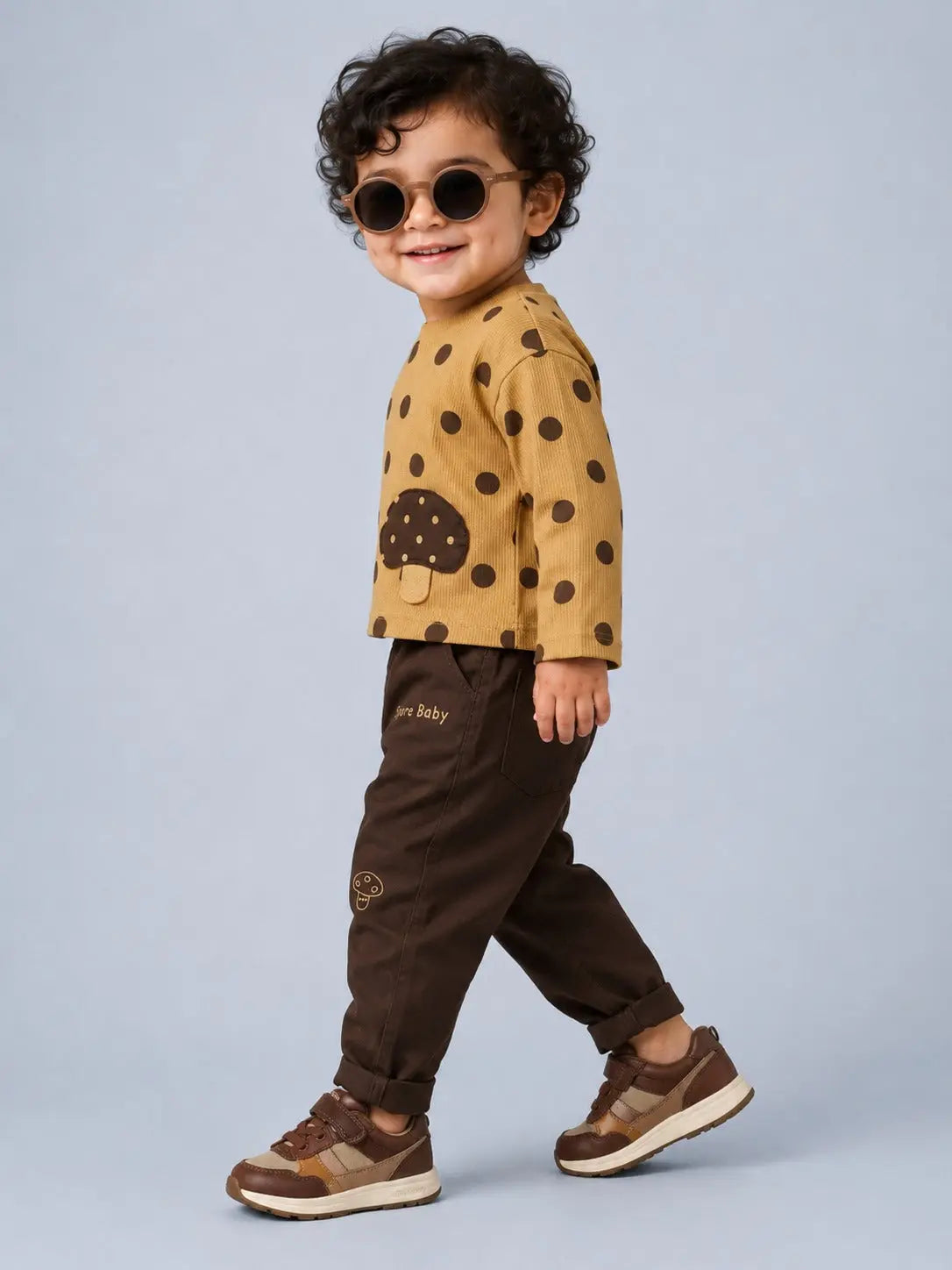BloomUp Mustard Polka Dot Mushroom Applique Co-ord Set for Baby Boys – Soft Cotton Full Sleeve Top & Brown Pants