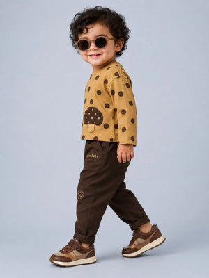 BloomUp Mustard Polka Dot Mushroom Applique Co-ord Set for Baby Boys – Soft Cotton Full Sleeve Top & Brown Pants