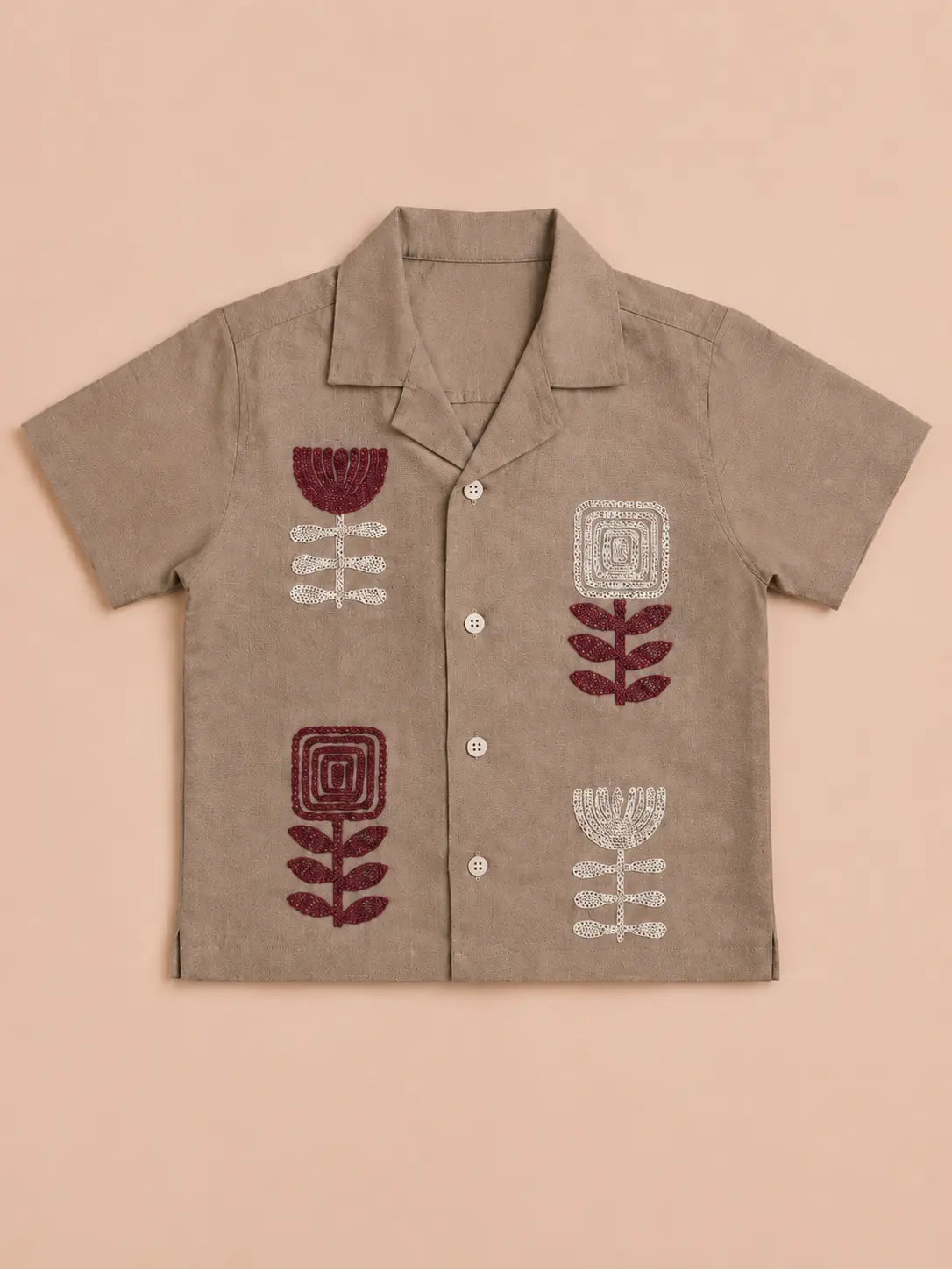 BloomUp Beige Embroidered Short Sleeve Shirt for Toddlers – Premium Cotton Summer Wear for Boys