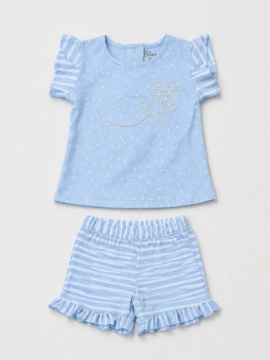 BloomUp Light Blue Frill Sleeve Top & Striped Shorts Set – Comfortable Cotton Summer Outfit for Toddler Girls