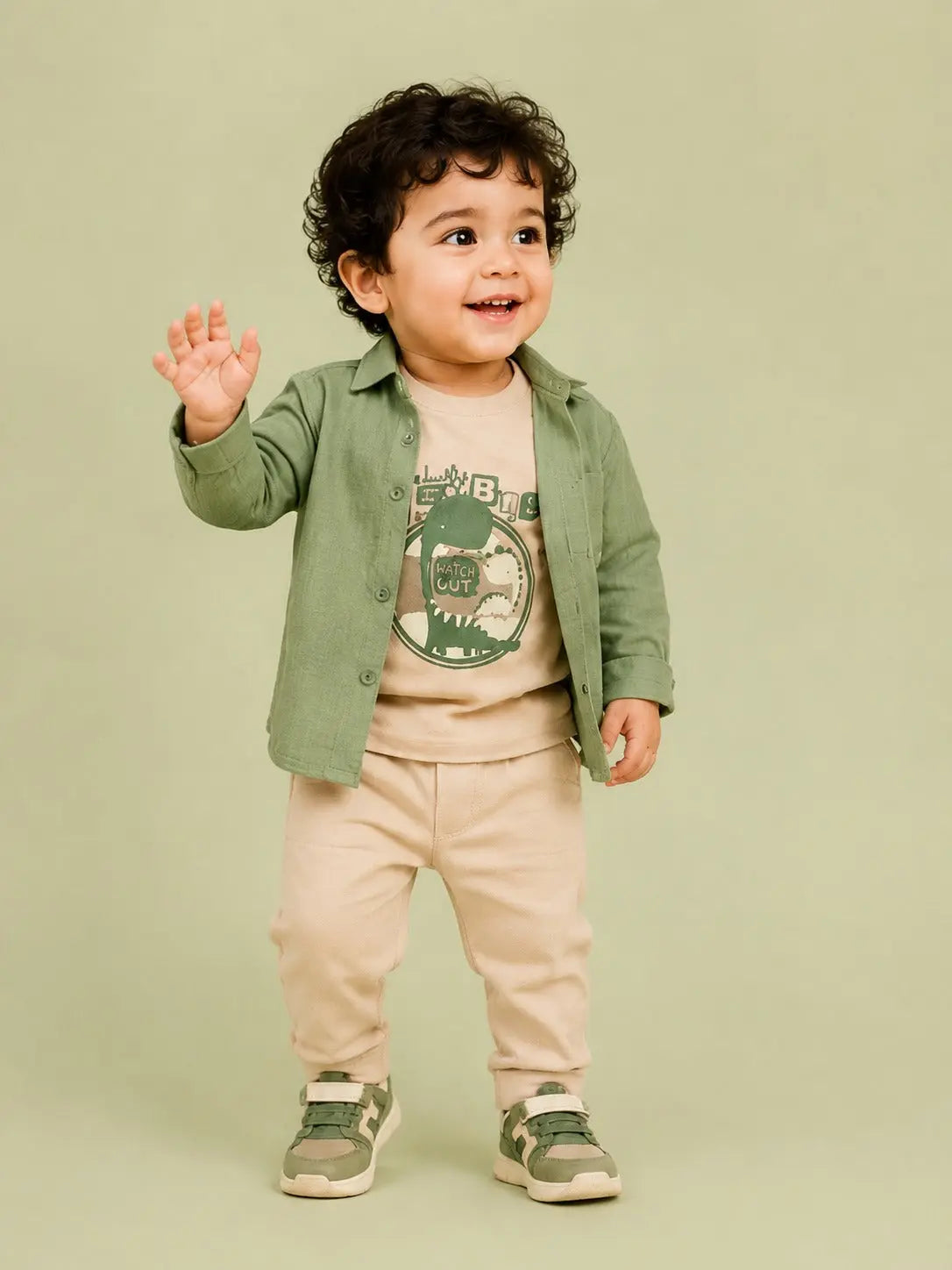 BloomUp Sage Green Layered Dinosaur 3-Piece Outfit for Baby Boys – Soft Shirt, Graphic T-Shirt & Beige Pants Kids Set