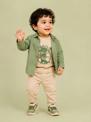 BloomUp Sage Green Layered Dinosaur 3-Piece Outfit for Baby Boys – Soft Shirt, Graphic T-Shirt & Beige Pants Kids Set