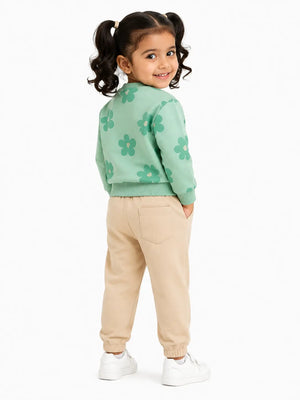 BloomUp Mint Green Happy Floral Sweatshirt & Beige Jogger Set for Girls – Soft Fleece Kids Co-ord Winter Outfit