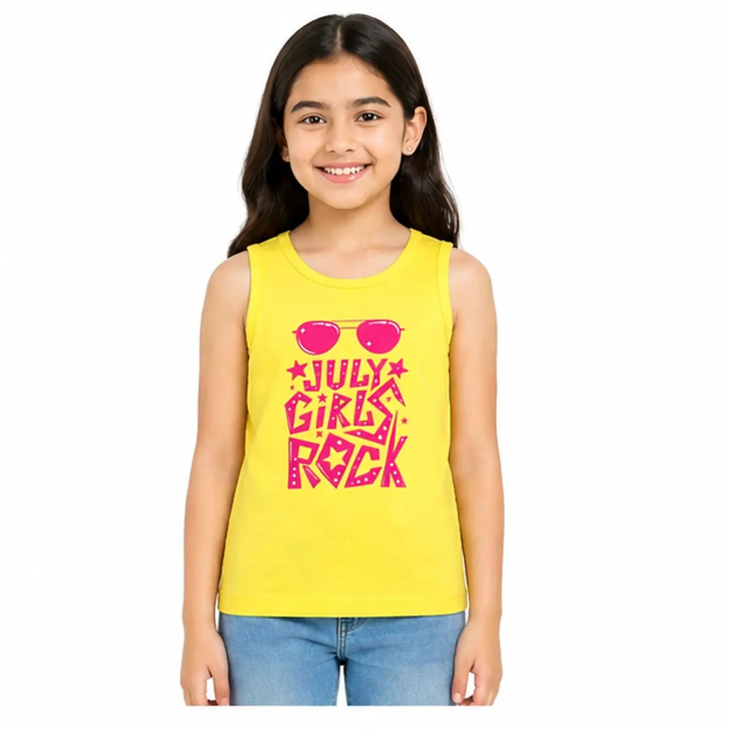 Yellow Jolly Girls Rock Graphic Sleeveless Top for Girls – Soft Cotton Summer Wear Kids Tank Top BloomUp